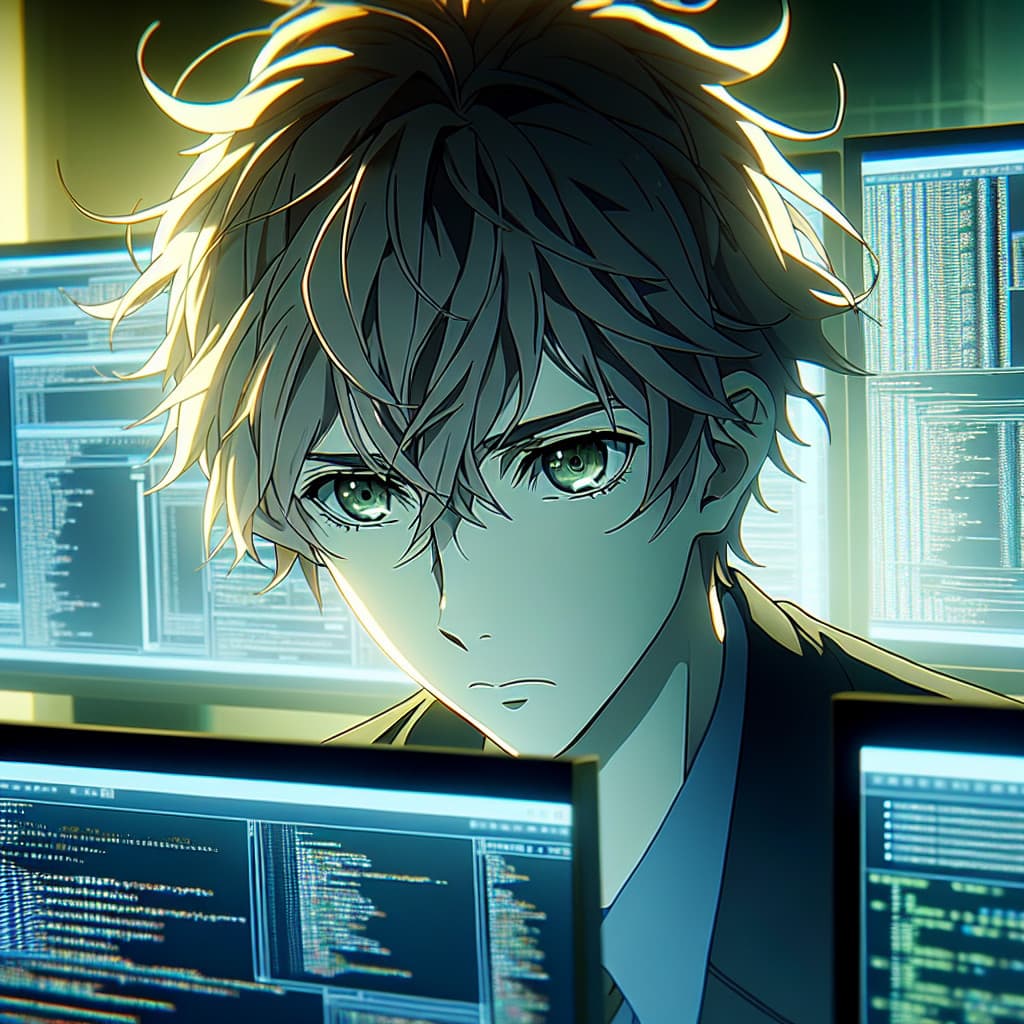imagine in anime seraph of the end like look showing an anime boy with messy blond hair and green eyes working in app test und qa dienste