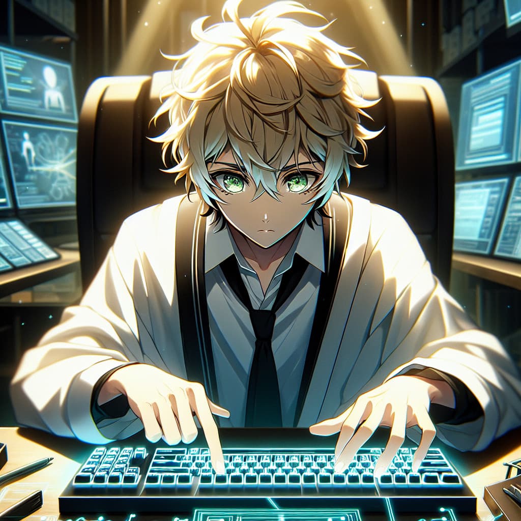 imagine in anime seraph of the end like look showing an anime boy with messy blond hair and green eyes working in benutzerdefinierte app entwicklung