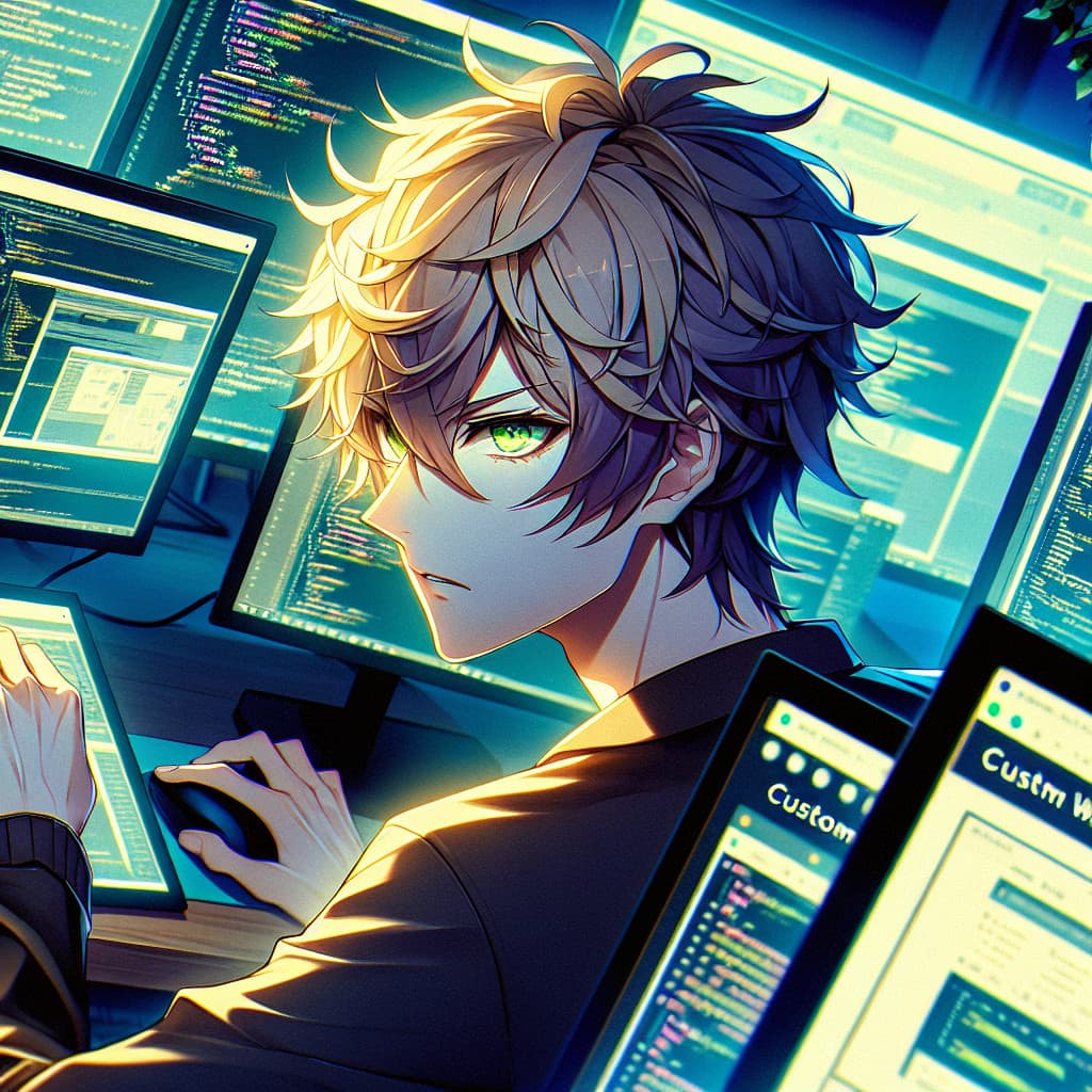 imagine in anime seraph of the end like look showing an anime boy with messy blond hair and green eyes working in benutzerdefinierte website entwicklung
