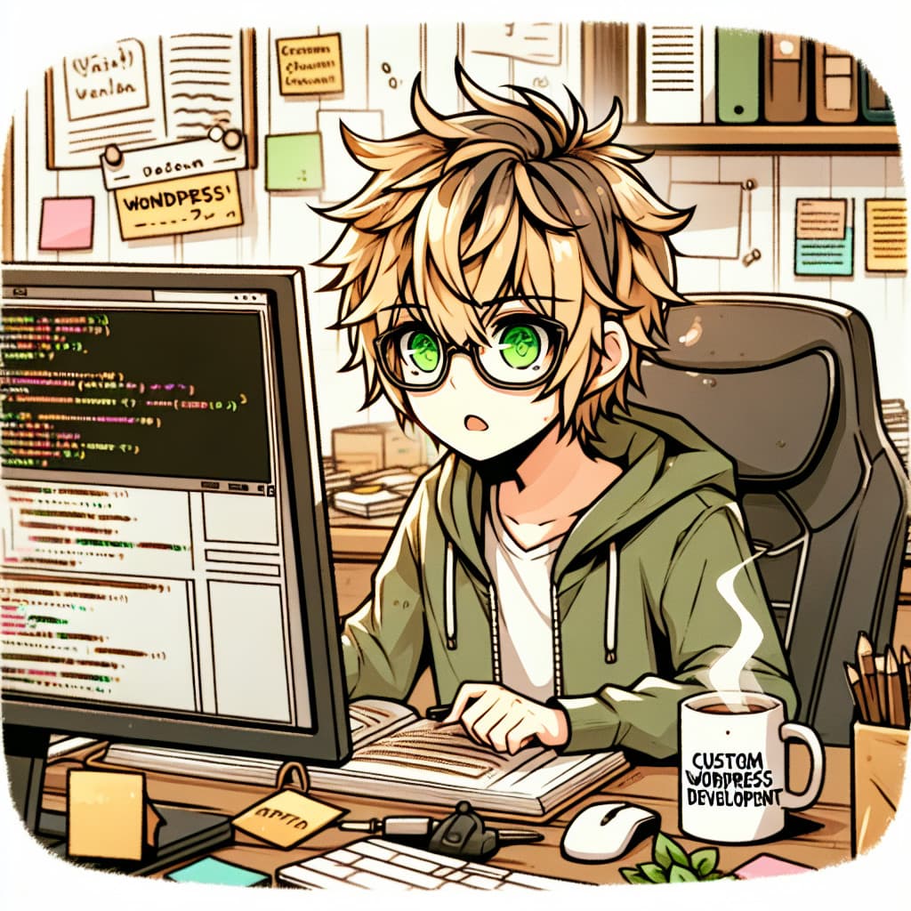 imagine in anime seraph of the end like look showing an anime boy with messy blond hair and green eyes working in benutzerdefinierte wordpress entwicklung