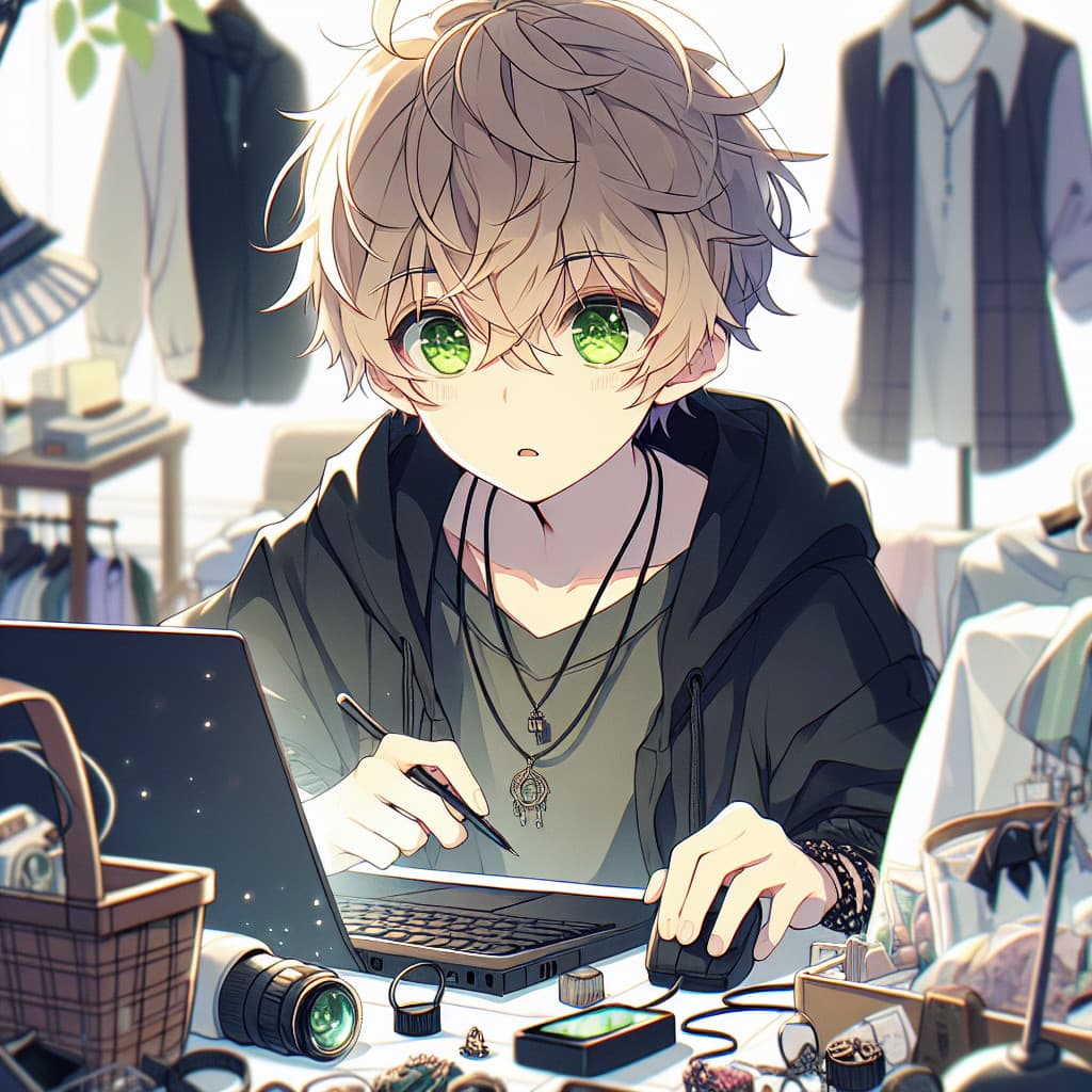 imagine in anime seraph of the end like look showing an anime boy with messy blond hair and green eyes working in benutzerdefinierter online shop