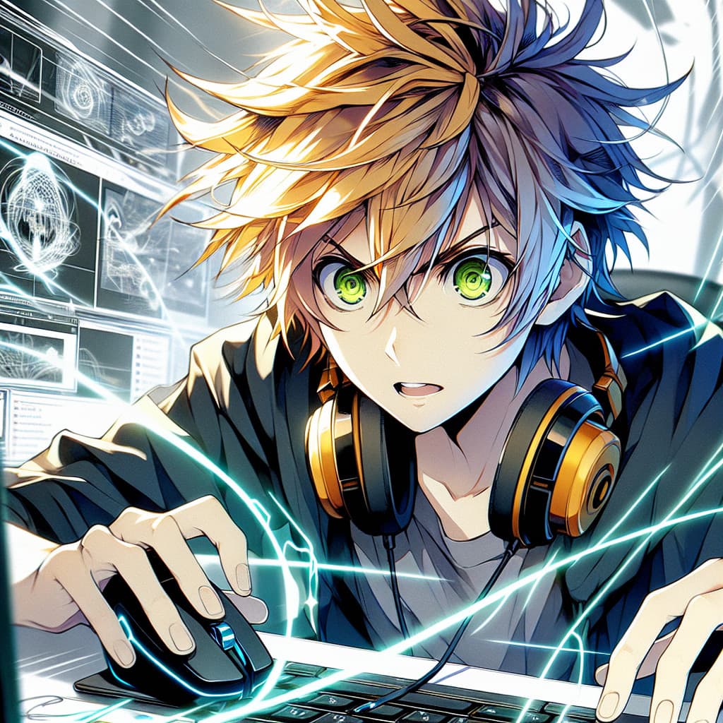 imagine in anime seraph of the end like look showing an anime boy with messy blond hair and green eyes working in kreative webdesign agentur