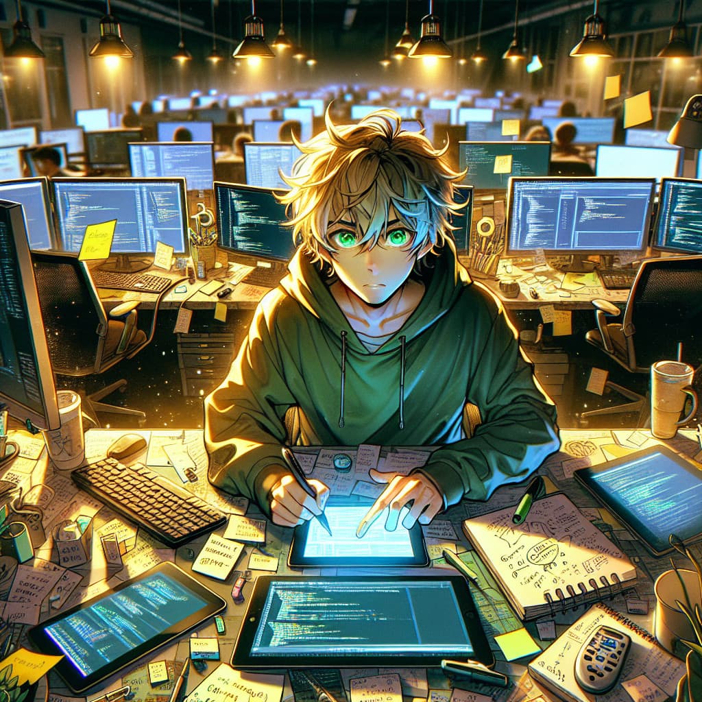 imagine in anime seraph of the end like look showing an anime boy with messy blond hair and green eyes working in seo webentwicklungsagentur