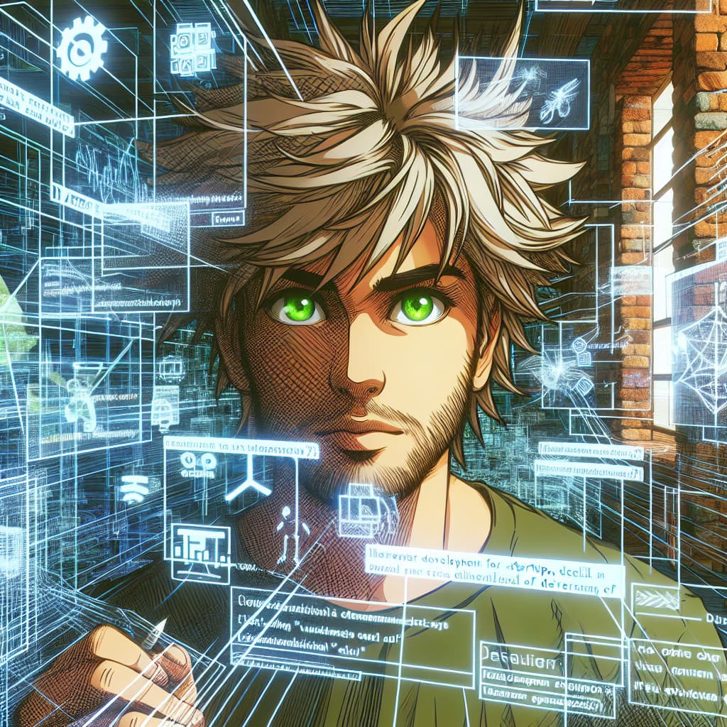imagine in anime seraph of the end like look showing an anime boy with messy blond hair and green eyes working in webentwicklung fr startups