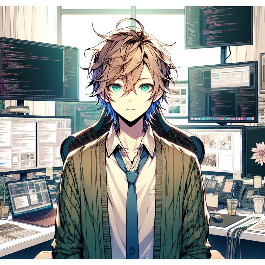 imagine in anime seraph of the end like look showing an anime boy with messy blond hair and green eyes working in webentwicklungsberatung