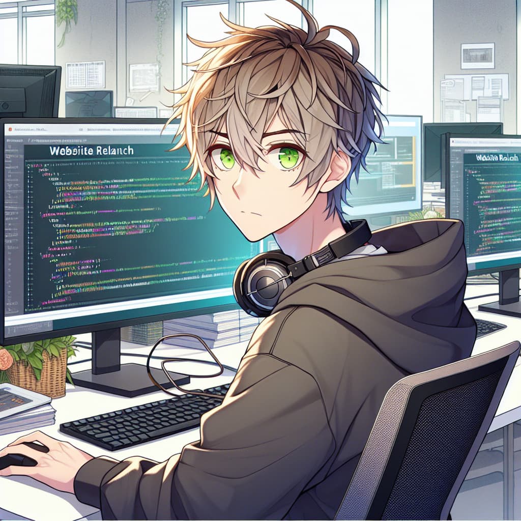 imagine in anime seraph of the end like look showing an anime boy with messy blond hair and green eyes working in website relaunch dienste