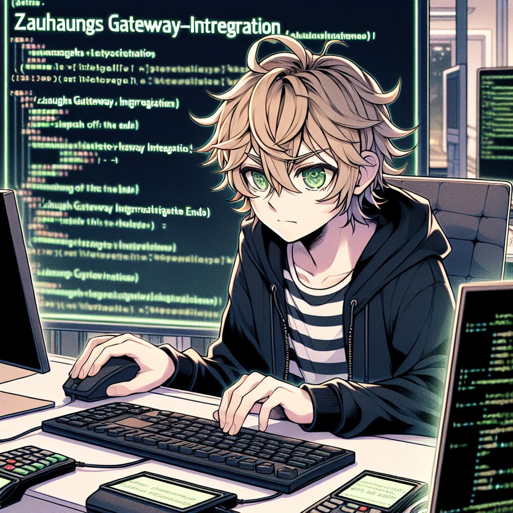 imagine in anime seraph of the end like look showing an anime boy with messy blond hair and green eyes working in zahlungsgateway integration